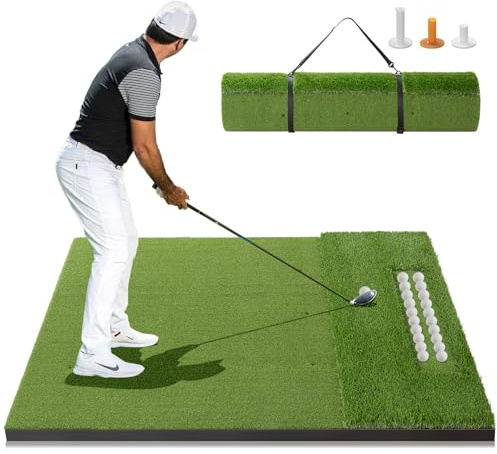RELILAC Dual-Turf Golf Mat with Ball Tray,5x4ft 31mm Thickened Golf Hitting Mats for Indoor/Outdoor Practice,Turf Driving Range Mats for Golf Simulators and Chipping Swing Driving Training