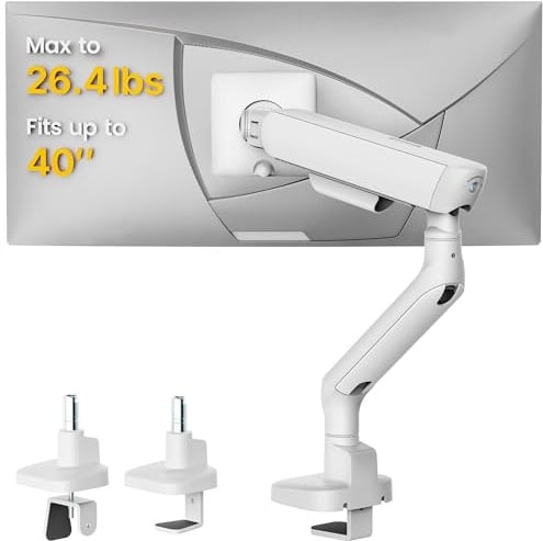 monTEK Monitor Arm for 17-40 Inch Flat/Curved Screens up to 12KG, White | Single Monitor Arm Desk Mount with Precision Mechanical Spring, Smooth Height Adjustment & Stable Positioning, VESA 75/100mm