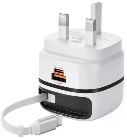 65W USB C Charger with Retractable Cable 65cm & USB-A QC 3.0 Port – Fast Charging Wall Plug Compatible with MacBook Pro/Air, iPhone 17/16/15, iPad, Galaxy S25/S24, Steam Deck, Laptops & USB-C Devices