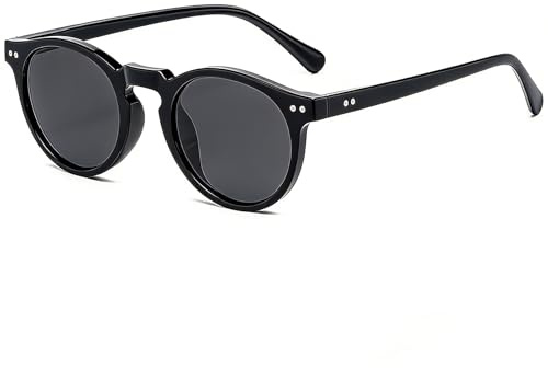 CIKJUK Polarisiert Rund Sonnenbrille Herren Damen - Retro Klassisch Runde Vintage Kleines Schmal Brille mit UV400 schutz - Schwarz/Schwarz