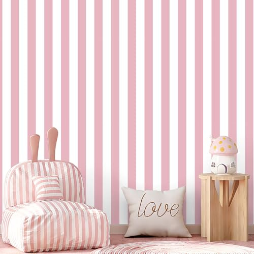 Uooar Pink and White Striped Peel and Stick Wallpaper 44cm x 305cm | Modern Removable Self Adhesive Wallpaper Vinyl Furniture Wrap for Living Room, Bedroom, Cabinets