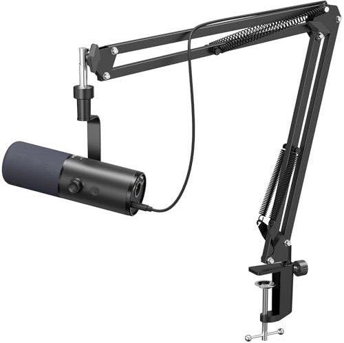 TONOR Microfono podcast dinamico per studio, microfono XLR/USB, cancellazione del rumore AI, funzione tap mute, jack per cuffie da 3,5 mm, controllo volume, micro con supporto da tavolo, TD510 AIR H+