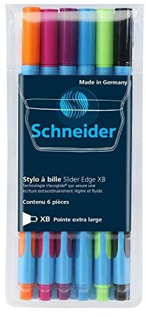 SCHNEIDER Pochette de 6 stylos a bille Slider Edge XB - Caoutchouc et pointe inox - Noir, orange, rose, violet, bleu et vert
