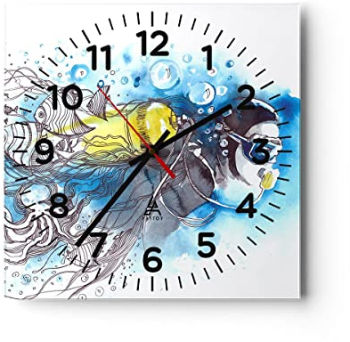 ARTTOR Moderne Glasuhr 30x30cm Quadrat Wanduhr Menschen Sport - 2982 | Taucher Fisch Illustration Glas Analog Wanduhr Lautlos Wanddekoration Wohnzimmer Küche Wanddeko Küchenuhr Geräuschlos ARTTOR