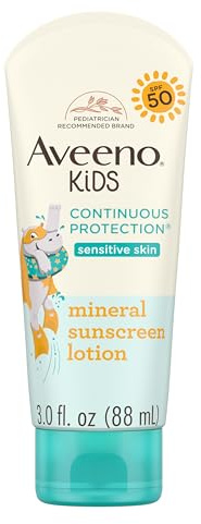 Aveeno Kids Continuous Protection Zinc Oxide Mineral Sunscreen Lotion for Children's Sensitive Skin with Broad Spectrum SPF 50, Tear-Free, Sweat- & Water-Resistant, Non-Greasy, 3 fl. oz