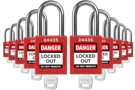 TRADESAFE Lockout Tagout Schlösser, Sicherheitsschlösser unterschiedlich schließen, Lock Out Tag Out Vorhängeschlösser-Set, 1 Schlüssel pro Schloss, 10 Stück Rot