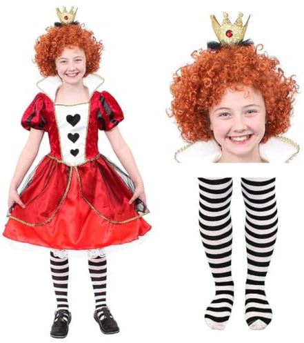 Queen Of Hearts Kostüm Kinder – Größe S – Mädchen Königin der Herzen Kostüm für Weltbuchtag Perücke – Buchwoche – Alice's Wonderland Queen Of Hearts Kleid mit Krone