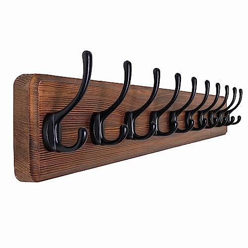 SKOLOO Garderobenleiste Holz Braun, 98 cm langer, hölzerner Kleiderhaken Wand, Rustikaler Stil, Stabil garderobenhaken mit 10 Haken