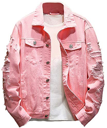 Rexcyril Giacca da uomo in denim invecchiato casual con fori strappati button down giacca di jeans cappotto, Rosa, Medium