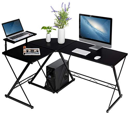 COSTWAY L-Förmiger Computertisch aus Holz, Eckschreibtisch mit mit Monitorständer & Ablagefach, platzsparender Schreibtisch für Büro, Arbeitszimmer, Schlafzimmer, 147 x 112 x 79cm (Schwarz)