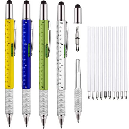 Lot de 4 stylos multifonctions 6 en 1 avec règle, niveau, tournevis, stylet, stylo à bille, cadeau unique pour Noël, fête des pères, Saint-Valentin, anniversaire (jaune, bleu, vert)