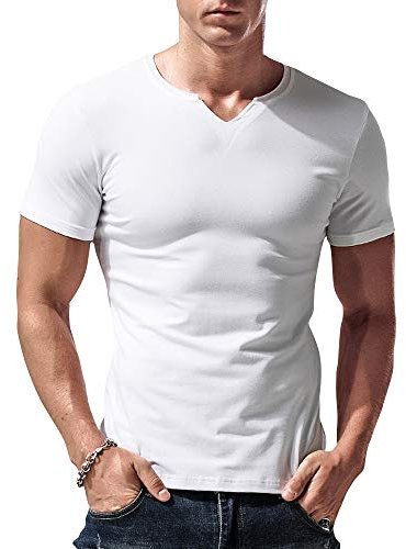 Hombres Ajustado Manga Short Henley Camiseta Casual Cuello Pico Camisetas Algodón T2307 Blanco Medium