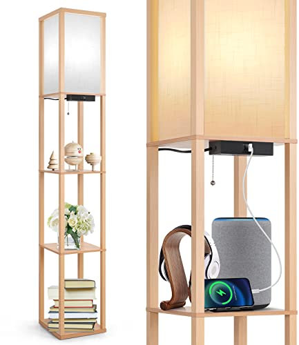 OUTON Floor Lamp with Shelves, LED Column Modern Floor Lamp with USB & Type C Port, 3 Color Temperature, Wooden Standing Lamp with White Linen Shade for Living Room, Bedroom, Office (Wood)