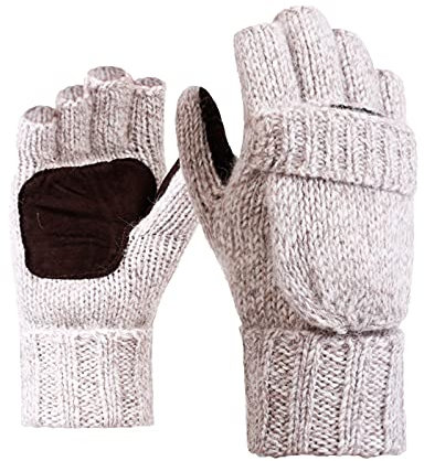 Rehomy Fingerlose Handschuhe für den Winter, Wolle, Wärmedämmung, wandelbare Fäustlinge, Überzug für Damen und Herren (Beige)