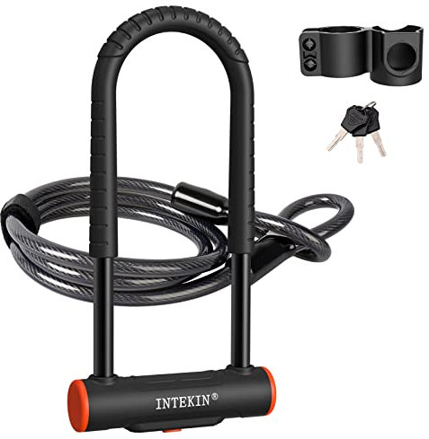 INTEKIN Bike U Lock - Candado de bicicleta resistente, candado en U de 16 mm y cable de seguridad de 5 pies de longitud con soporte de montaje resistente para bicicleta, motocicleta y más, color