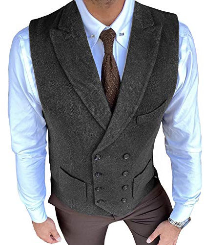 Gilet da uomo per il tempo libero, vestibilità normale, in lana a due file, modello Tweed, Nero , XL