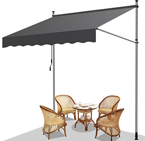 Fiqops Klemmmarkise Balkon 200x120cm Markise Einziehbar aus Polyester, Stahl Höhenverstellbar Markise mit Handkurbel, UV-beständig, Installation ohne Bohren für Balkon Garten Terrasse Grau