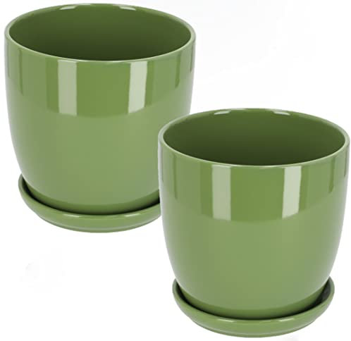 KOTARBAU® Lot de 2 Pots de Fleurs en céramique pour Fleurs et Plantes Diamètre 15 cm avec bac d'égouttement Vert