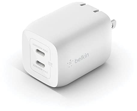 Belkin 65W Dual USB Type C Wall Charger, Fast Charging Power Delivery 3.0 with GaN Technology for iPhone 13, 12, Pro, Pro Max, Mini, iPad Pro 12.9, 11, MacBook, Galaxy S22, Plus, Ultra, Tab and More