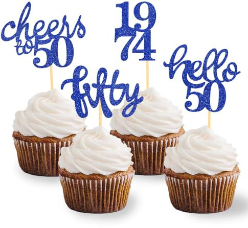 24 Stück Glitzer 50. Geburtstag Cupcake Topper, Geburtstagsdeko 50 von 1975 für Deko zum 50.Geburtstag, 50 Geburtstagsfeier Zubehör Party Dekoration Kuchendekoration (Blau)
