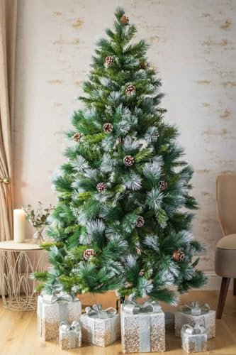 Marco Paul 6ft Artificial Christmas Tree - Traditional Xmas Pine With 620 Tips, Pine Cones, Snow Effect - 180cm Green Modern Home Decor