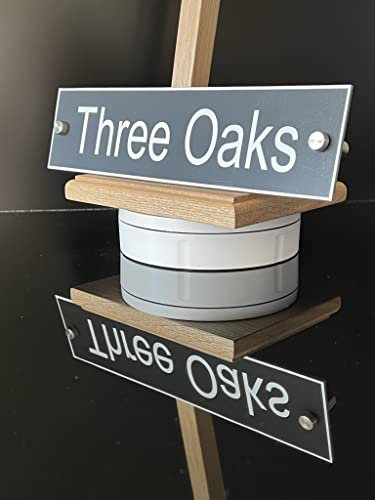 House Name Sign Door Number Plaques for wall, Doors, gates or walls. Black Aluminium House Name Personalised Sign, with clear bright WHITE Letters, and stainless steel stand-off fixings 28cm x 7cm