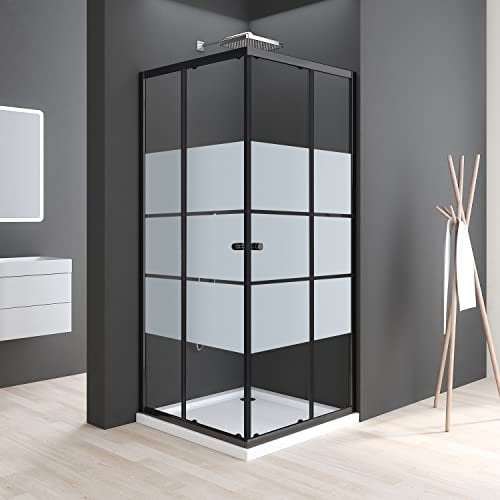 Duschkabine Schiebetür, Duschkabine 90x90 cm Eckeinstieg Schwarz Duschabtrennung 5mm ESG Milchglas Streifen Duschtür Duschwand Höhe 185cm