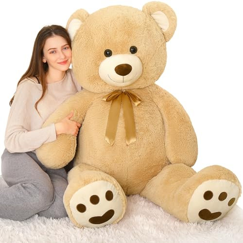 MorisMos Hellbraun Teddybär groß, 120cm Riesen Teddy Kuscheltier XXL, Weich Teddy Bär Stofftier Plüschtier, Süßer Plüschbär mit Schleife, Geburtstag Geschenk für Babys,Kinder