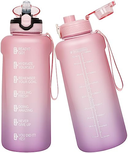 Seekua Sport Tritan Trinkflasche 0.6l / 1l / 2l mit Strohhalm & Zeitmarkierung, Große Wasserflasche mit Uhrzeit BPA-frei Motivierende Sportflasche für Fitness & Gym, 2 Deckel, 2 liter