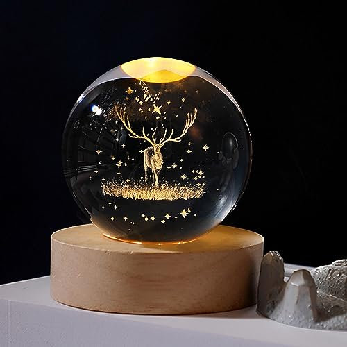 Weihnachtsdeko LED Herbstdeko Pusteblume Dekoleuchte Kristallkugel Kristall Figure, Holz Deko Figuren Personalisiertes Geschenk für Frauen und Männer Geschenkidee Zu Weihnachten, Geburtstag (Elch)
