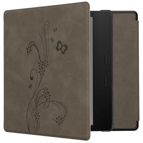 kwmobile Hülle kompatibel mit Amazon Kindle Oasis 10. Generation Hülle - Kunstleder Cover - Ranken Schmetterling Grau