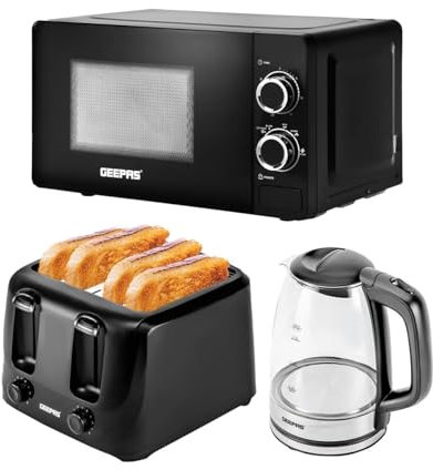 Geepas Electric Kettle 4 Slice Bread Toaster & Microwave Kitchen Set | 2200W 1.7L Illuminating Glass Kettle | 1400W Toaster with 6 Level Browning Control | 700W Solo Manual Dial Microwave 20L | Black