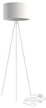 Licht-Erlebnisse Stehleuchte Tripod E27 156 cm klein Weiß Stoffschirm Metall Gestell Fußschalter Kabel Stecker Dreibein Stehlampe Wohnzimmer