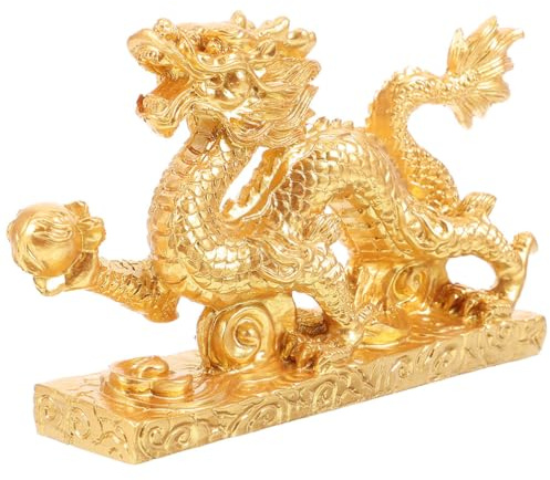 Luxshiny Chinesische Drachen Figur Feng Shui Drache Glücksdrache Gold | Goldener Drache Skulptur aus Harz, Tierkreiszeichen Dekofigur für Glück und Reichtum, Chinesische Deko Tischdeko Geschenk