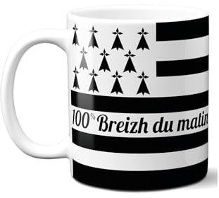 DECOHO - Mug 100% Breizh du matin - Tasse cadeau symbole Breton - 33 cl, Céramique - Imprimé en France - Blanc