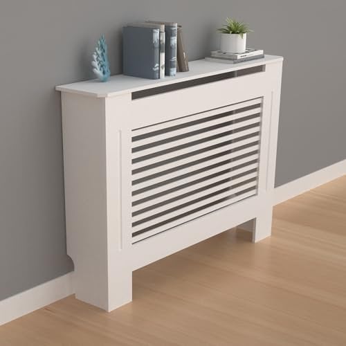 FATIVO Cubierta de Radiador Alta Blanca Moderna: 100 cm de Altura Interior Consola Cubreradiador de Madera Armario Cubre Radiador de MDF Estante para Calentador (Horizontal, 111x19x101 cm)