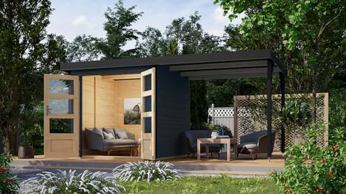 CHILLROI® Hybrid Gartenhaus Hollywood inkl. Fußboden optional mit Anbau Gartenlaube Geräteschuppen Gartenhütte (Anthrazit mit Anbau)