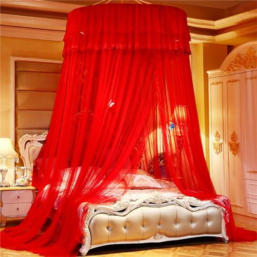 ENEN Spitzenkante Moskitonetz Bett Baldachin, Betthimmel Kinderbett Prinzessin Betthimmel Fliegennetz Moskitonetze Reise Moskitonetz - Schmetterlingsornamente Nicht Enthalten (Rot)