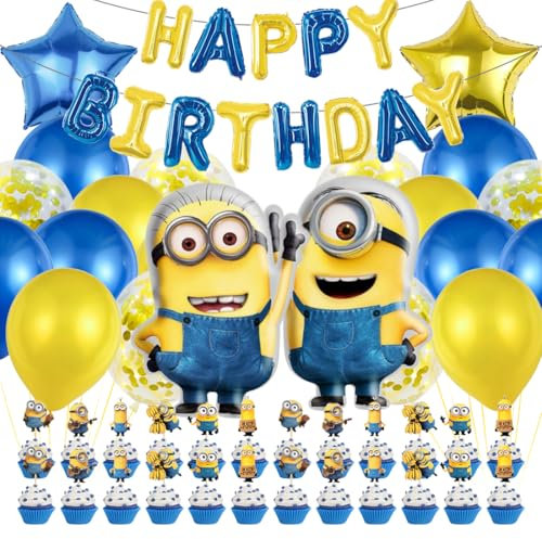 Luftballon Geburtstagsdeko Kinder, Kindergeburtstag Deko Set, Cartoon Großer Gelb Folienballon, Gelb Blau Luftballons Happy Birthday Ballons Stern Ballon Cupcake Toppers Kuchen Deko