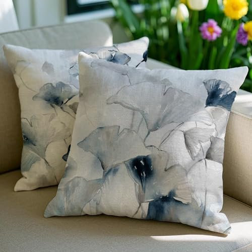 Vorysum Outdoor Kissenbezug 50x50 cm Abstrakt Dekokissen Sommer Retro Wasserfest Sofakissen Blau Blumen Kissenbezüge Kissenhülle aus Polyster für Garten Sofa Wohnzimmer Bett 2 er Set