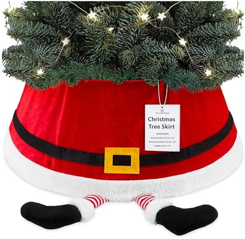 DECO EXPRESS Jupe de Sapin de Noël, Cache Pied de Sapin Père Noël Drôle, Décoration Sapin de Noel Différents Designs (Haut Père Noël Rouge 42, Base 56)