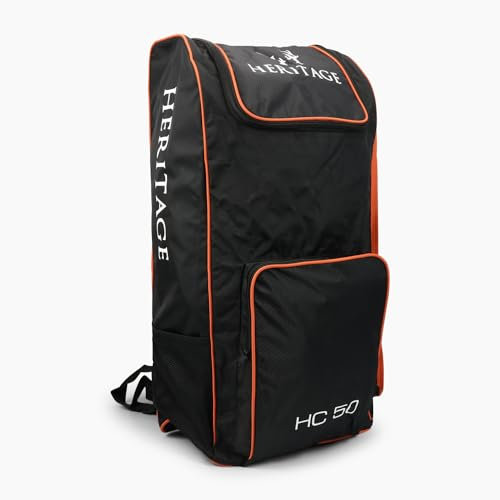 Heritage Titan Cricket-Rucksack, Sporttasche, 50 l, große Tasche, 50 l, gepolstert, verstellbar, Schwarz und Orange