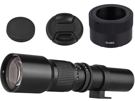 Andoer Teleobiettivo Zoom Super teleobiettivo da 500 mm con zoom Manuale F8.0-F32, Apertura con Attacco da T a NEX E, Anello Adattatore di Ricambio per Fotocamere Sony A9 A7 A7R A7S A5000 A6000 A6500