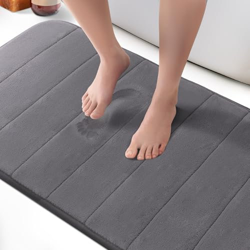 KEPLIN Memory Foam Bath Mat (Dark Grey - 60 x 90cm), Ultra-Soft, Absorbent & Non-Slip Bathroom Mat, Machine Washable, Large Black Bathroom rug for Bath & Toilet Floors