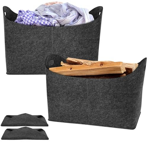 SUBTLETY Lot de 2 paniers à bois pliables XXL en feutre - Grand panier à bois de cheminée - Charge maximale : 60 l - Pour le transport et le rangement du bois de chauffage, des journaux, des fruits,