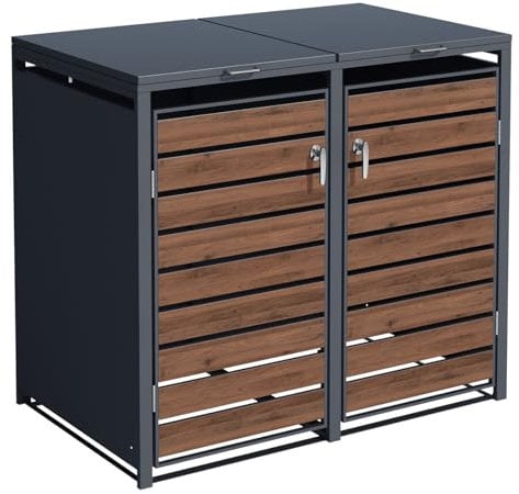 SCHARTEC® Mülltonnenbox 2er anthrazit mit dunklem Holz-Design erweiterbar 240l Mülltonnenverkleidung Mülltonnen Sichtschutz Unterstand für 2 Tonnen