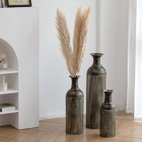 Sziqiqi Bodenvase Groß Schwarz für Wohnzimmer : Extra Große Bodenvasen 68/51/41cm - Metall Dekorative Bodenvase für Pampasgras - Moderne Bodenvase Groß für Schlafzimmer Büro Ecke
