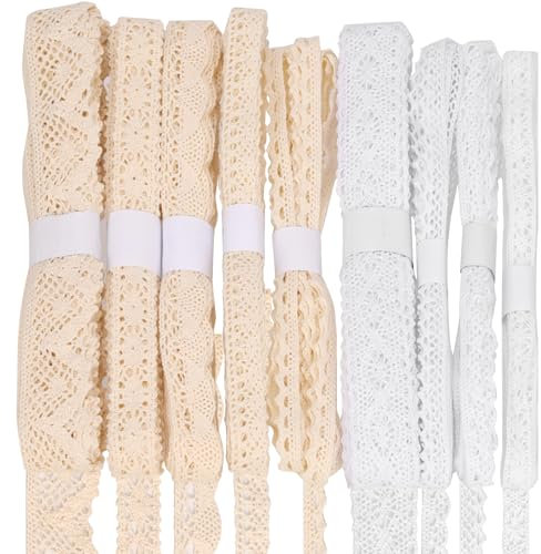 Swpeet Vintage Ribbon Cotton 9 Rolls Total 45 Yards Beige und Weiß Spitze Band Baumwolle Spitze Trim Häkeln Nähset, jede 5 Yards Spitze Vintage Spitze Rand Band zum Nähen machen, Geschenkverpackung