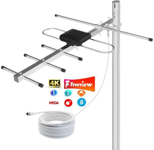 Antena de TV Exterior 2025 Mejorada, Largo Alcance, 4K/1080P HD, Señal UHF/VHF Optimizada, Resistente al Clima, Fácil Instalación en Ático o Exterior, Cable de 8m