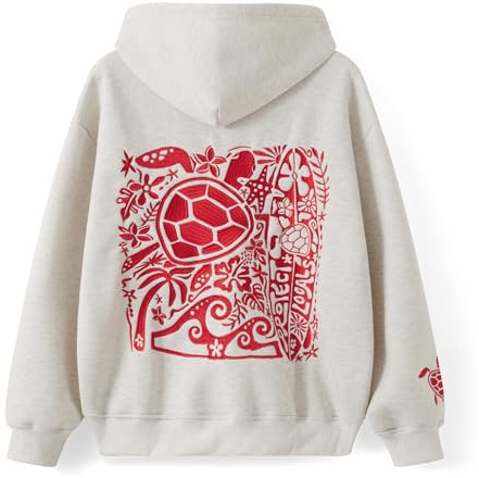 cochineal Preppy Embroidery Floral Hoodie for Teen Girl Women Oversized Hooded Sweatshirt Y2k Vintage Graphic Pullover Top